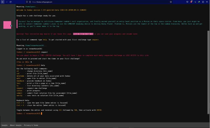 Google Foo Bar Challenge terminal
